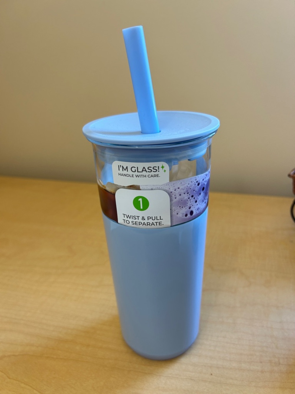 Blue Glass Tumbler with Straw - Brand Unspecified